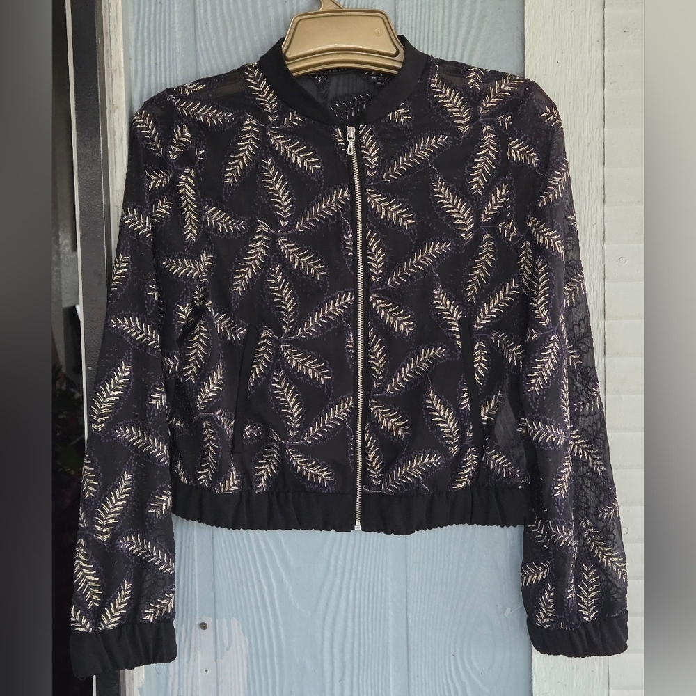 Zara Black Sheer Bomber Jacket with Leaf Design - Picture 3 of 9